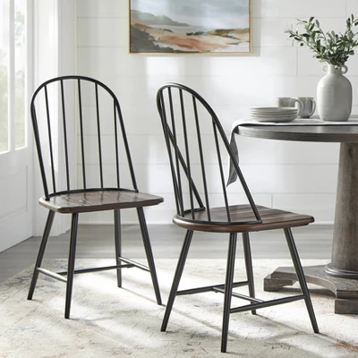 Set Of 2 Milo Windsor Metal With Wood Seat Dining Chairs Black/Espresso Brown - Buylateral 1 Set Of 2 Milo Windsor Metal With Wood Seat Dining Chairs Black/Espresso Brown - Buylateral